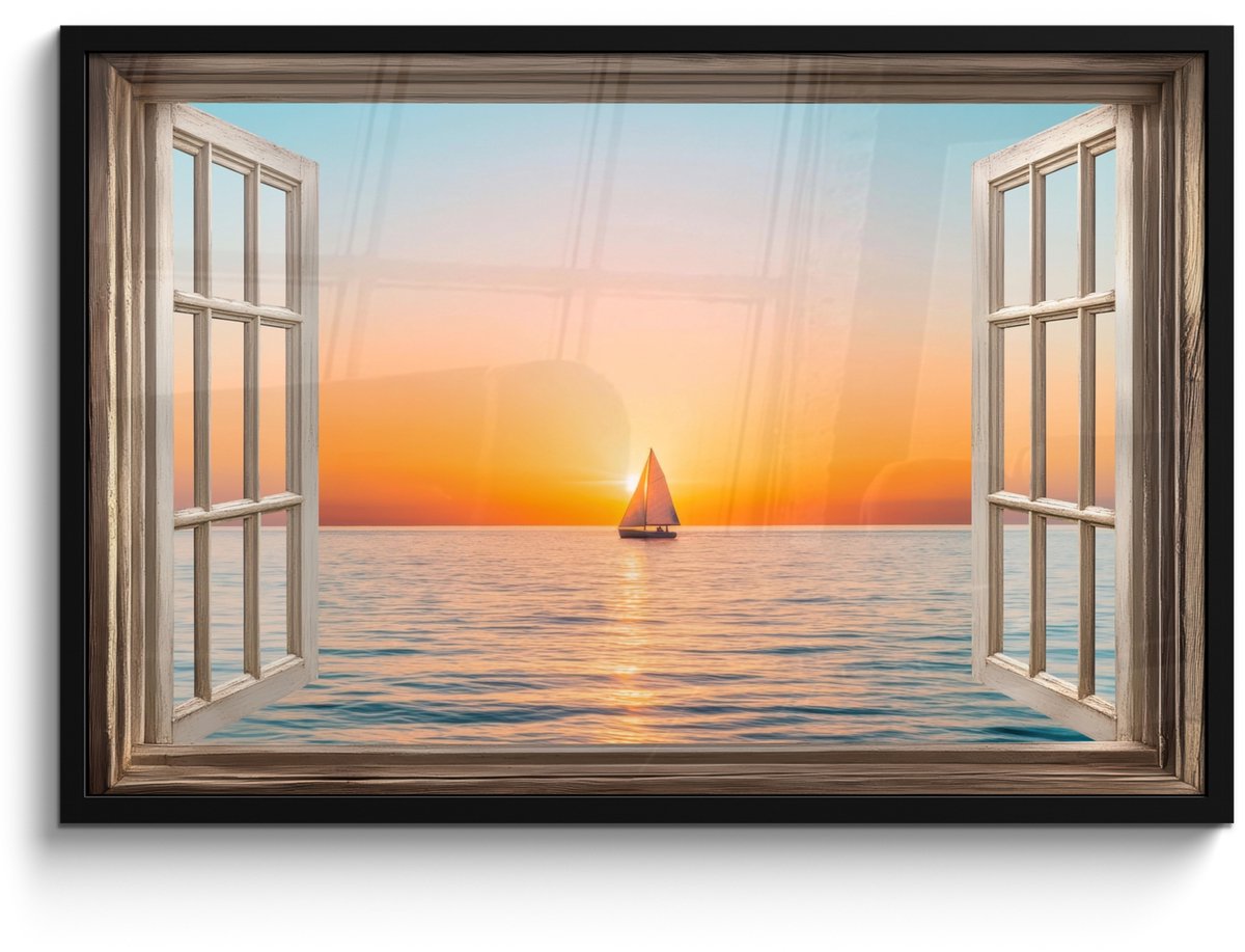 FrameYourWall Poster in lijst - Fotolijst 90x60 cm - Posters - Doorkijk - Zee - Boot - Zonsondergang - Posterlijst zwart - Decoratie - Wanddecoratie woonkamer - Muurdecoratie slaapkamer Zonsondergang - Boot