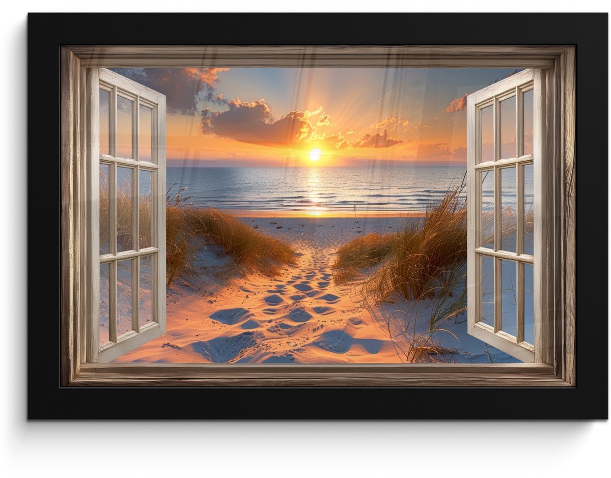 FrameYourWall Poster in lijst - Fotolijst 30x20 cm - Posters - Doorkijk - Strand - Duinen - Zonsondergang - Posterlijst zwart - Decoratie - Wanddecoratie woonkamer - Muurdecoratie slaapkamer Zonsondergang - Duinen