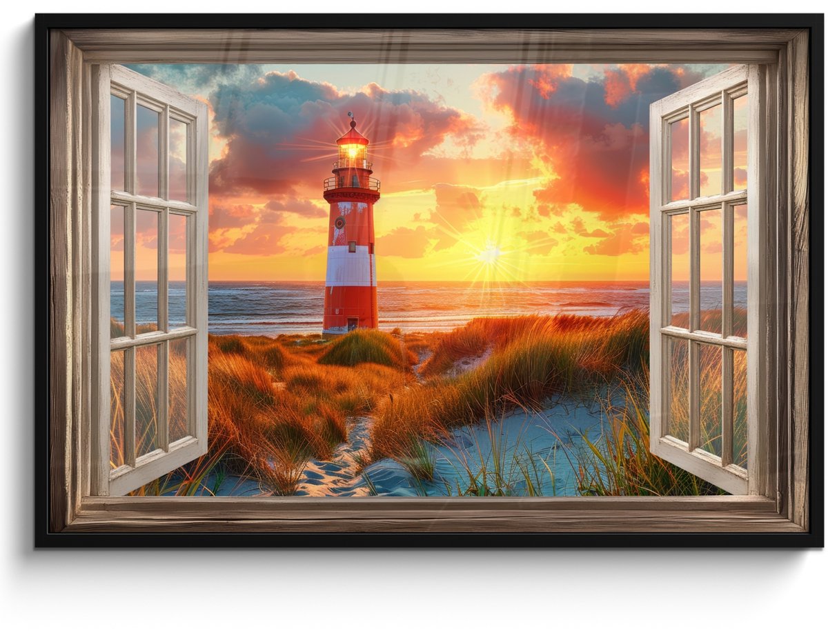 FrameYourWall Poster in lijst - Fotolijst 120x80 cm - Posters - Doorkijk - Raam - Vuurtoren - Zonsondergang - Strand - Posterlijst zwart - Decoratie - Wanddecoratie woonkamer - Muurdecoratie slaapkamer Zonsondergang - Vuurtoren
