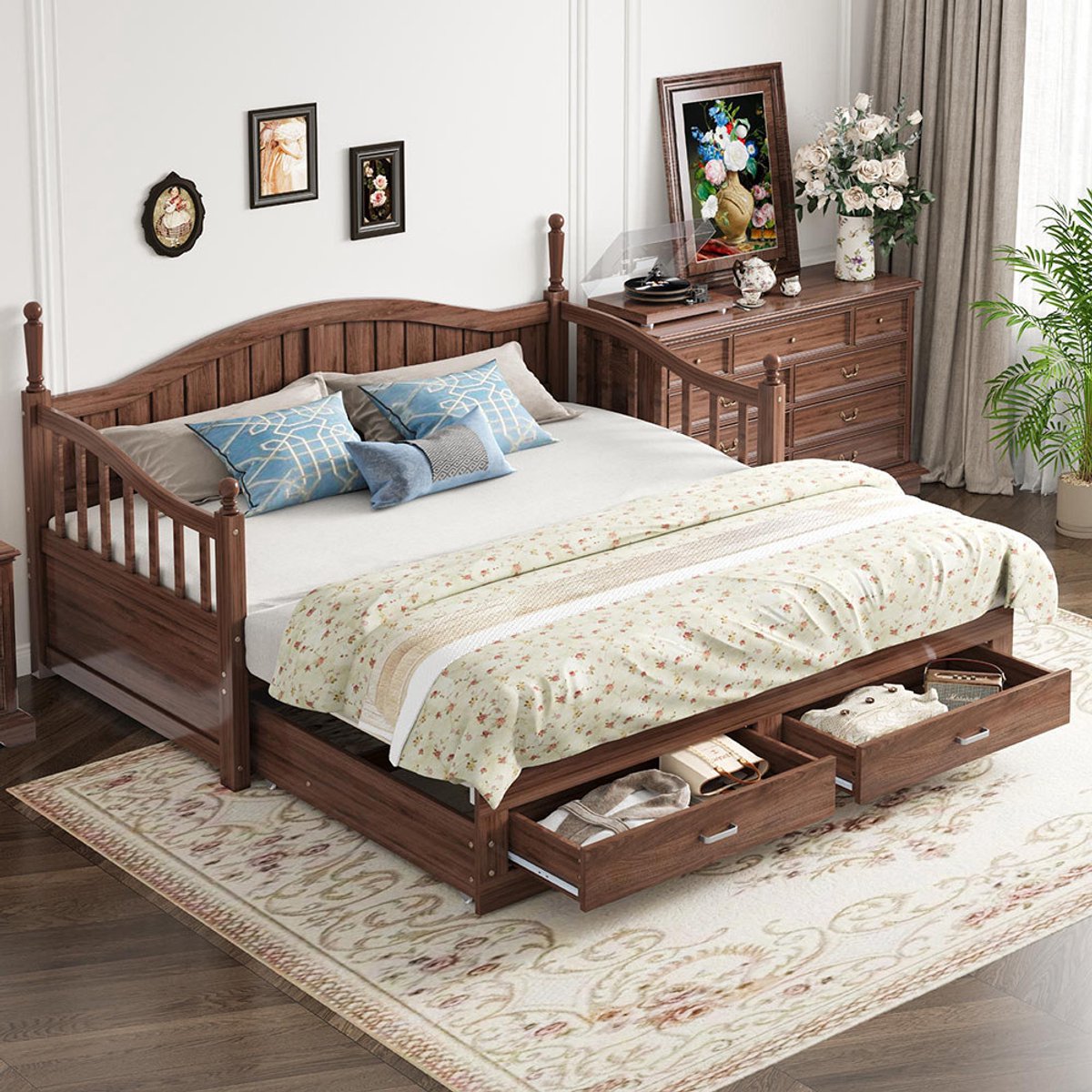 BLACKCOLORS Uitschuifbare slaapbank Van massief hout 90/180*190 cm, met Romeinse zuilen, gebogen rugleuning en armleuningen, met lades en lattenbodem, multifunctioneel bed Van grenenhout, notenhout