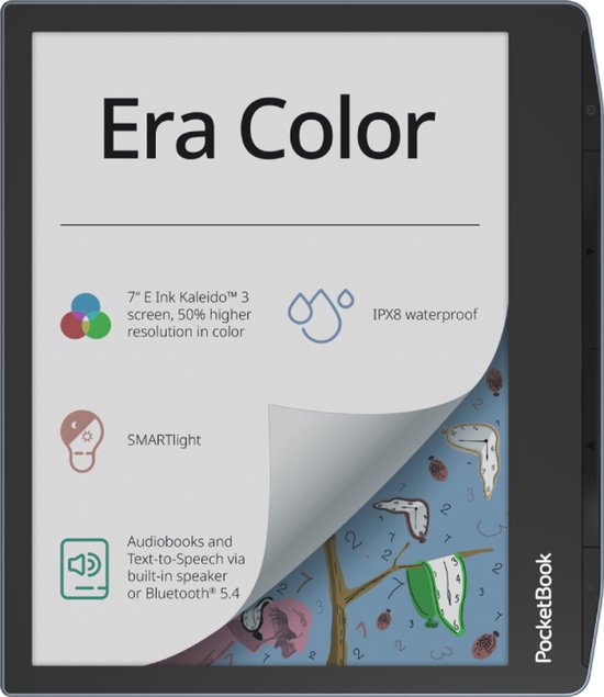 PocketBook Era Color e-reader met 7 inch E Ink Kaleido 3 kleurenscherm, waterdicht, SMARTlight. Abstracte print op het scherm.