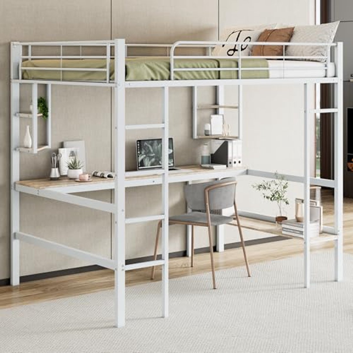 Hoogslaper van metaal met bureau en boekenrek - 140 x 200 cm - Wit