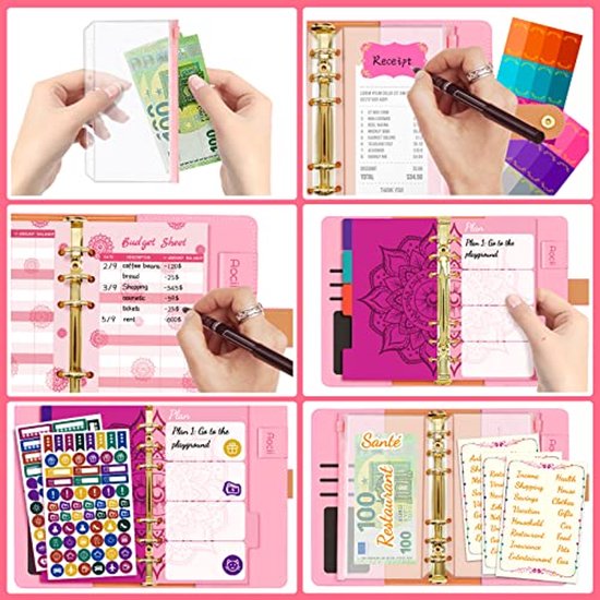 Luminzo A6 budgetplanner met rits enveloppen, geldmap inclusief budget vellen en labelstickers, 13,5 x 18,8 cm voor contanten & kaarten, Roze