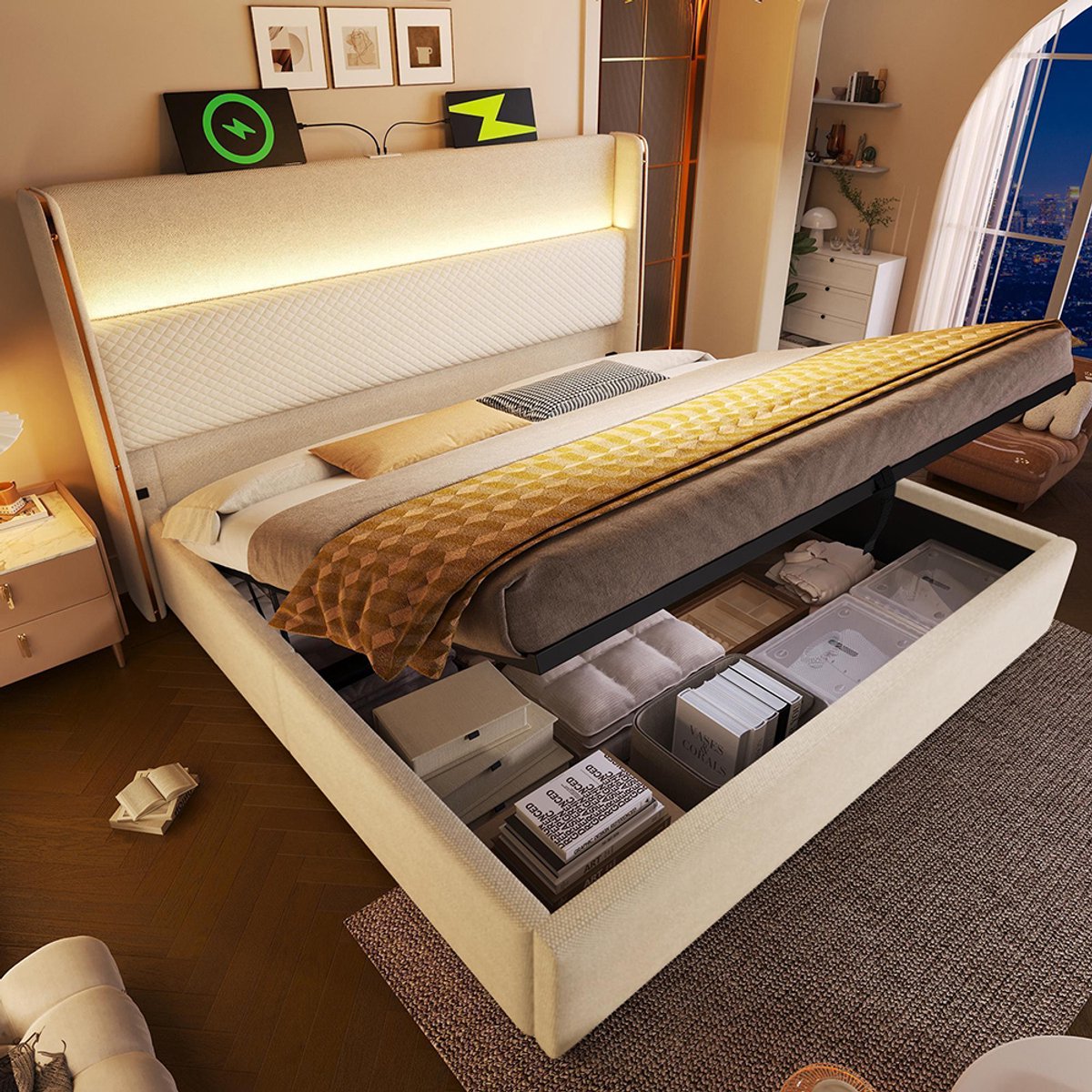 Pugsdrly Modern hydraulisch bed met hoog hoofdeinde, tweepersoonsbed 140 x 200 cm met ledverlichting, opbergruimte en USB/Type-C-poorten, beige linnenlook (zonder matras)