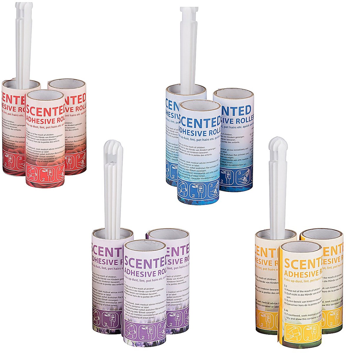 Pluizenroller Set – 4 houders + 8 navullingen – Geparfumeerd (Roos, Lavendel, Ocean, Vanille) – Lintroller - Kledingroller tegen pluisjes & huisdierharen