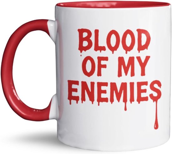 Blood of My Enemies Mok – Grappige Horror Koffiemok 325ml – Sarcastische Cadeau Mok voor Collega’s, Gamers en Fantasy Fans – Gothic Halloween Gift – Keramische Beker – Vaatwasser- en Magnetronbestendig