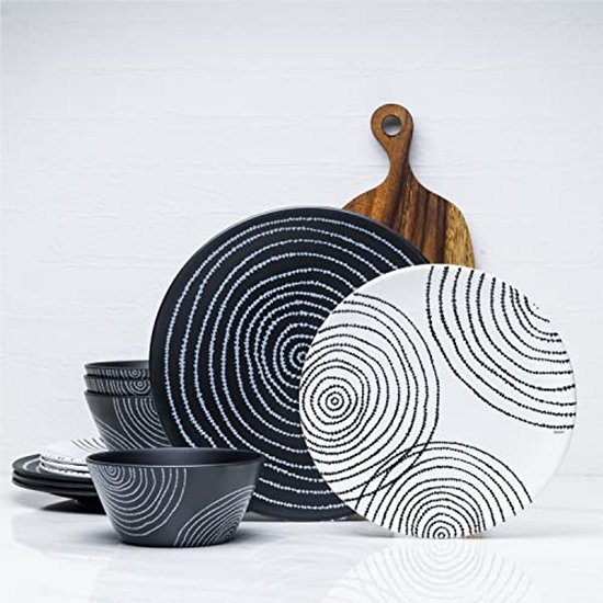 LEHAHA Melamine serviesset, 12-delige serviesset, lichtgewicht en BPA-vrije rustieke borden en kommensets, servies voor 4, binnen en buiten, geweldig voor terras, camping, campers (groen