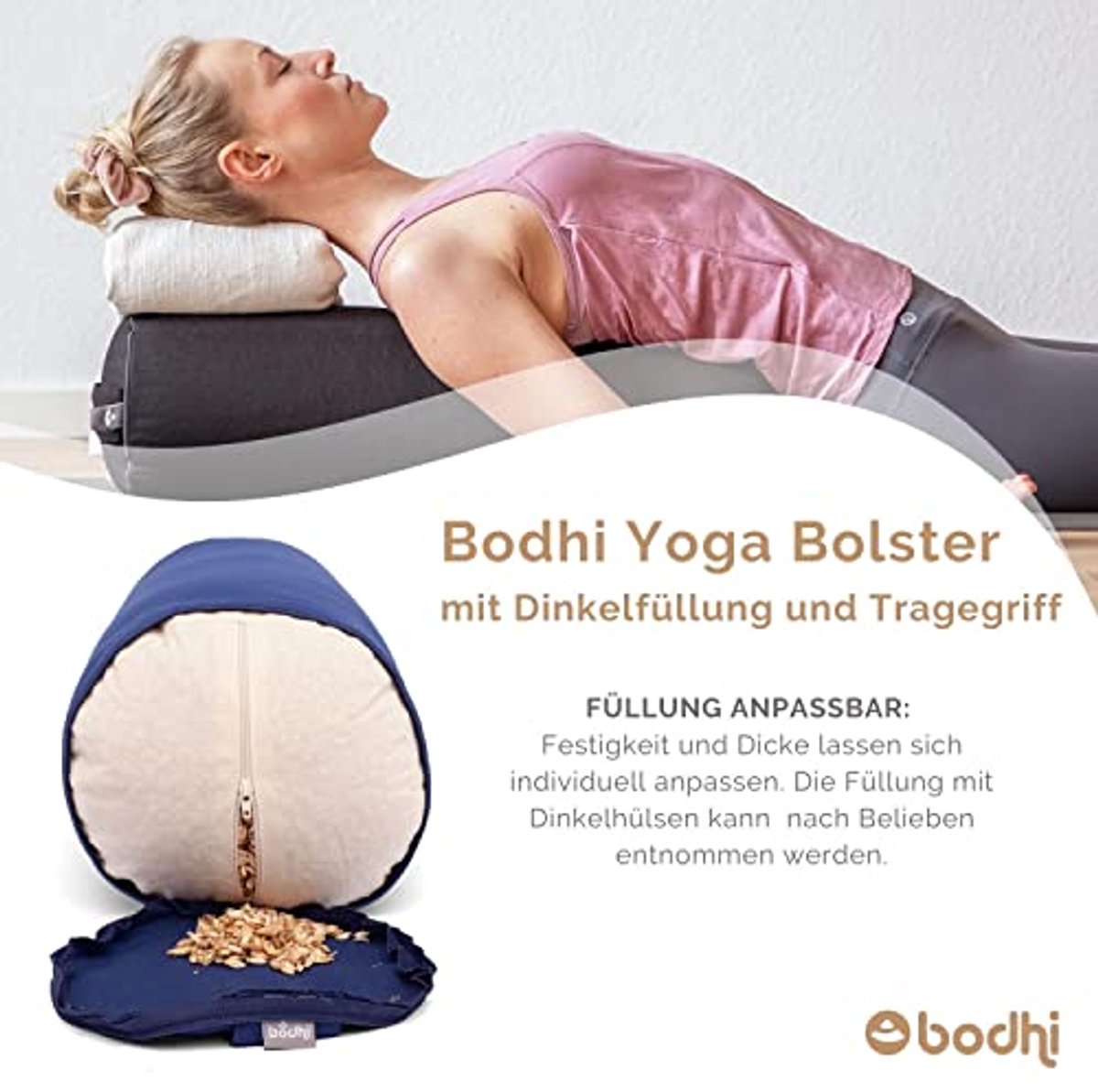 Yogarol met biologische speltvulling - 22 cm diameter - Wasbare katoenen hoes - Voor yin en restoratieve yoga