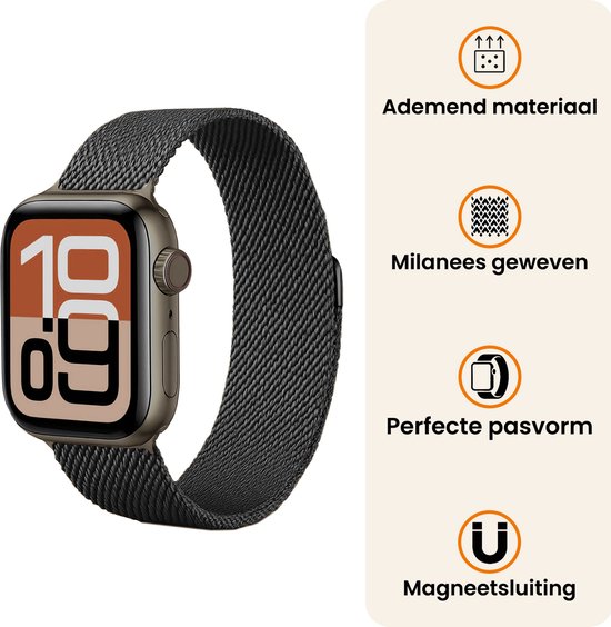 Zwart Milanese Apple Watch bandje met magnetische sluiting en ademend materiaal.