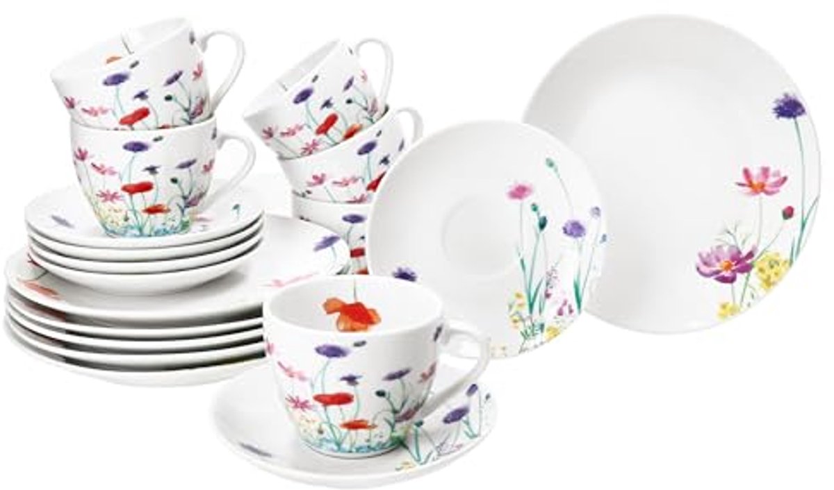 Koffieservies 18-delig voor 6 Personen - Porseleinen Set met Bloemenweide-Decoratie