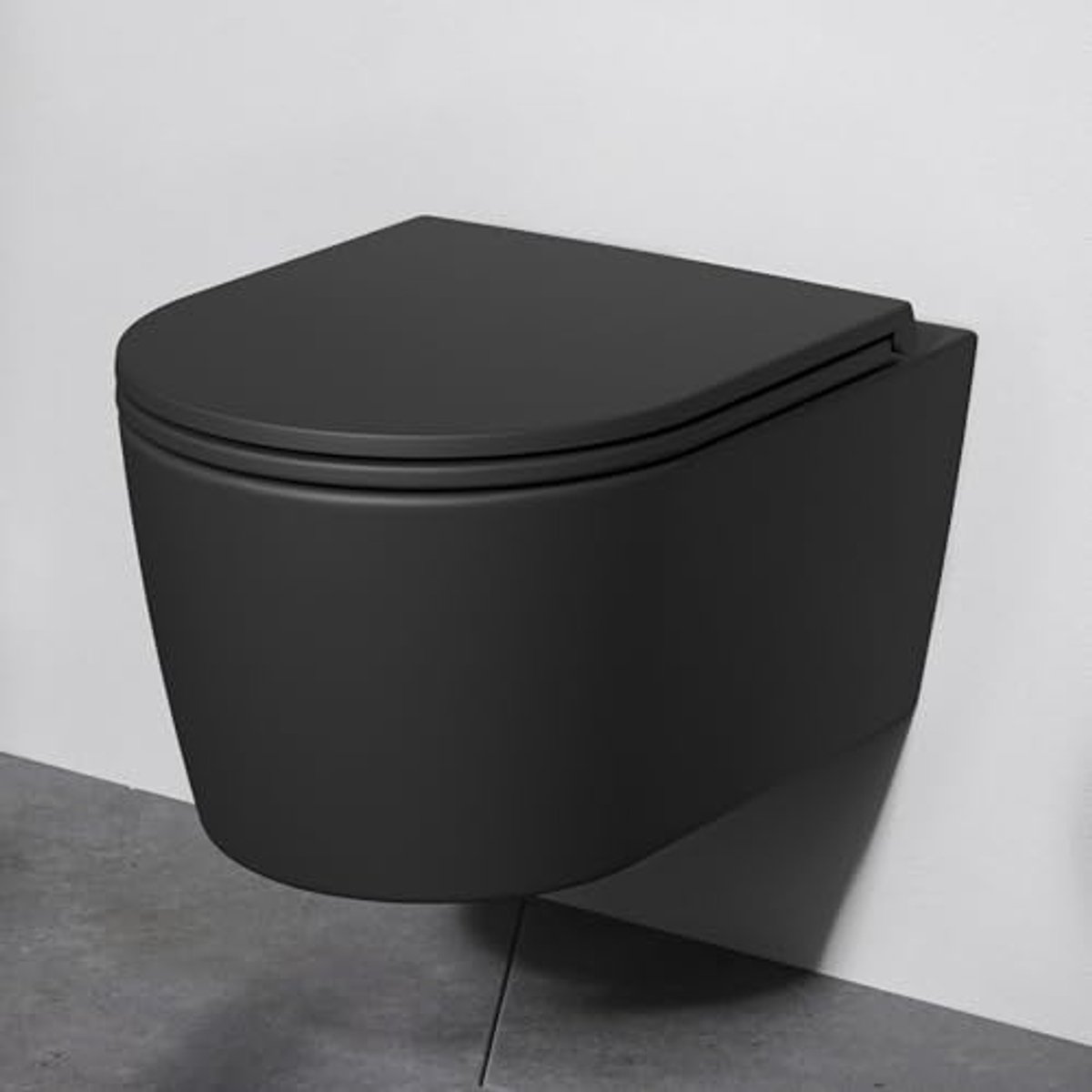 Hangtoilet zonder spoelrand, mat zwart, diepspoeltoilet, wandtoilet met softclose mechanisme, keramisch toilet