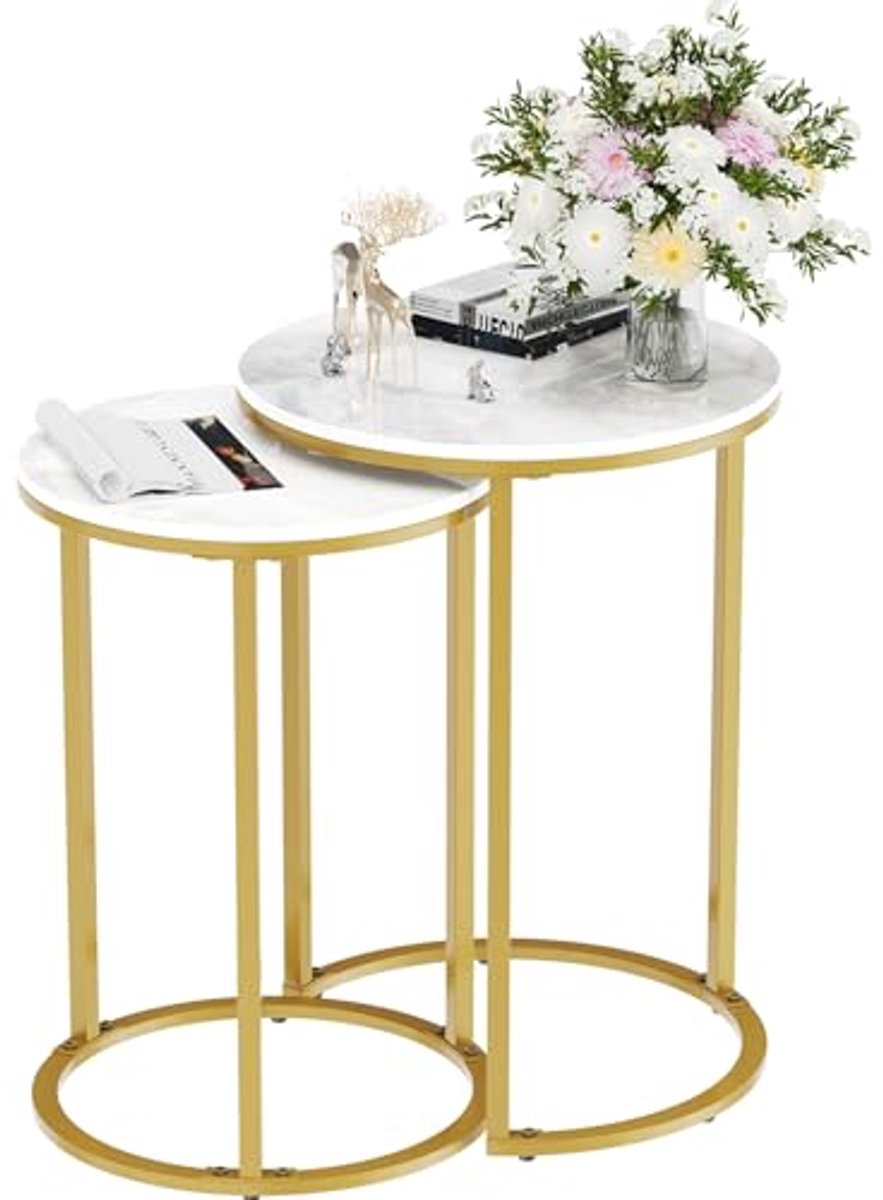 Moderne Marmeren Bijzettafel - Nesting Sofa Eindtafels met Gouden Poten