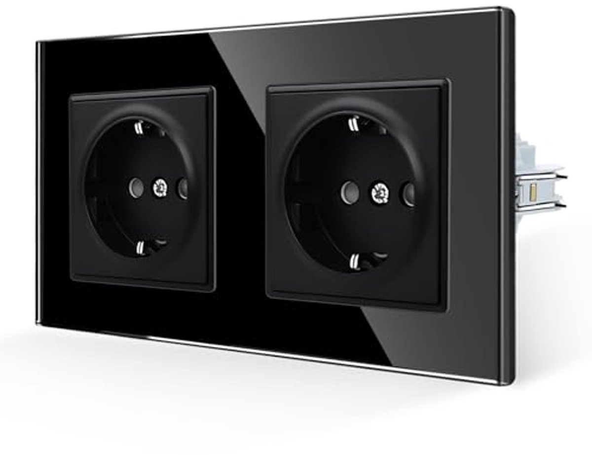 Dubbel Stopcontact met Haken - Gehard Glas - 16 Ampère - Standaard Schuko - 250 V - Zwart - 157 x 86 mm