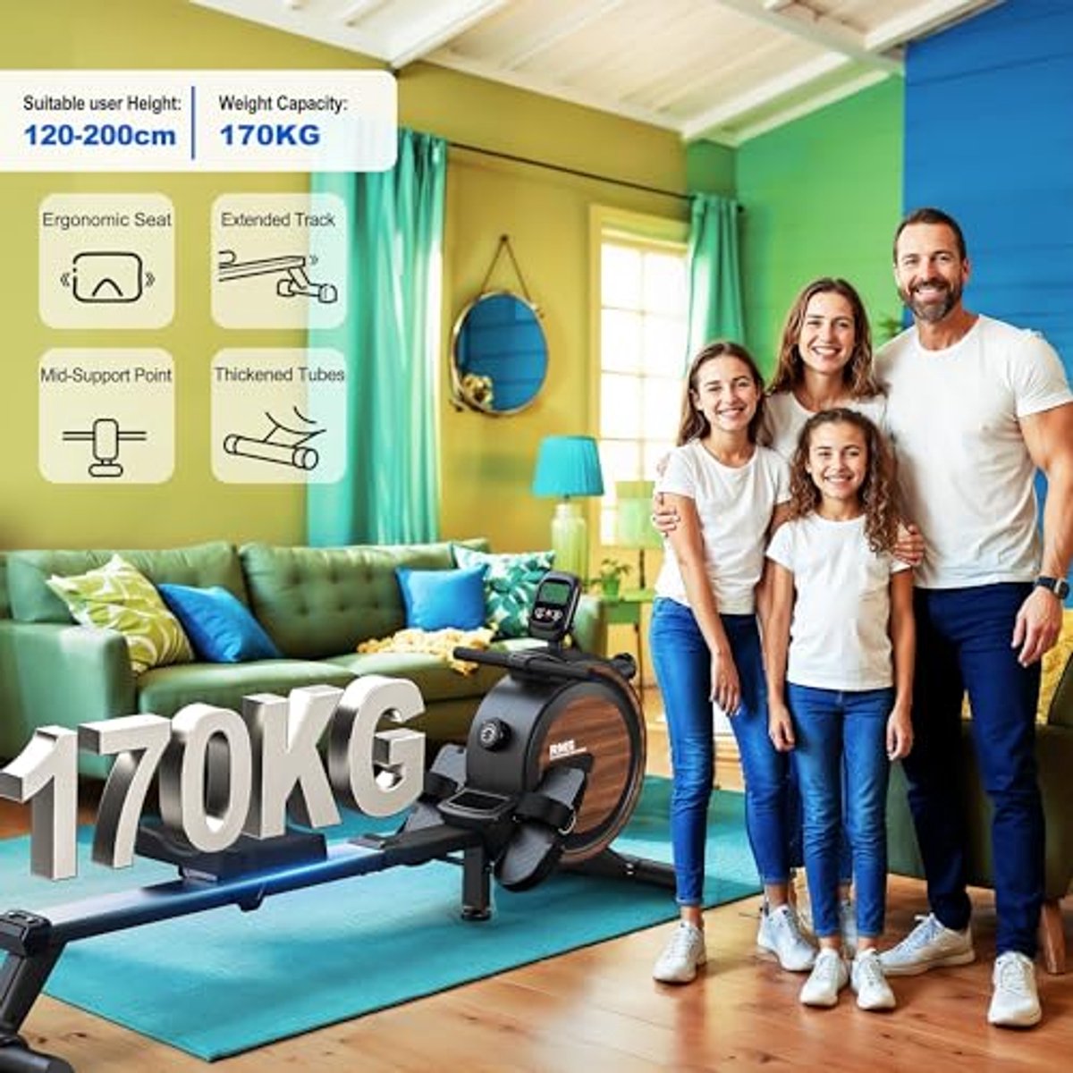 Roeitoestel voor Thuis met Instelbare Weerstand en Bluetooth Monitor - 170 kg Draagvermogen
