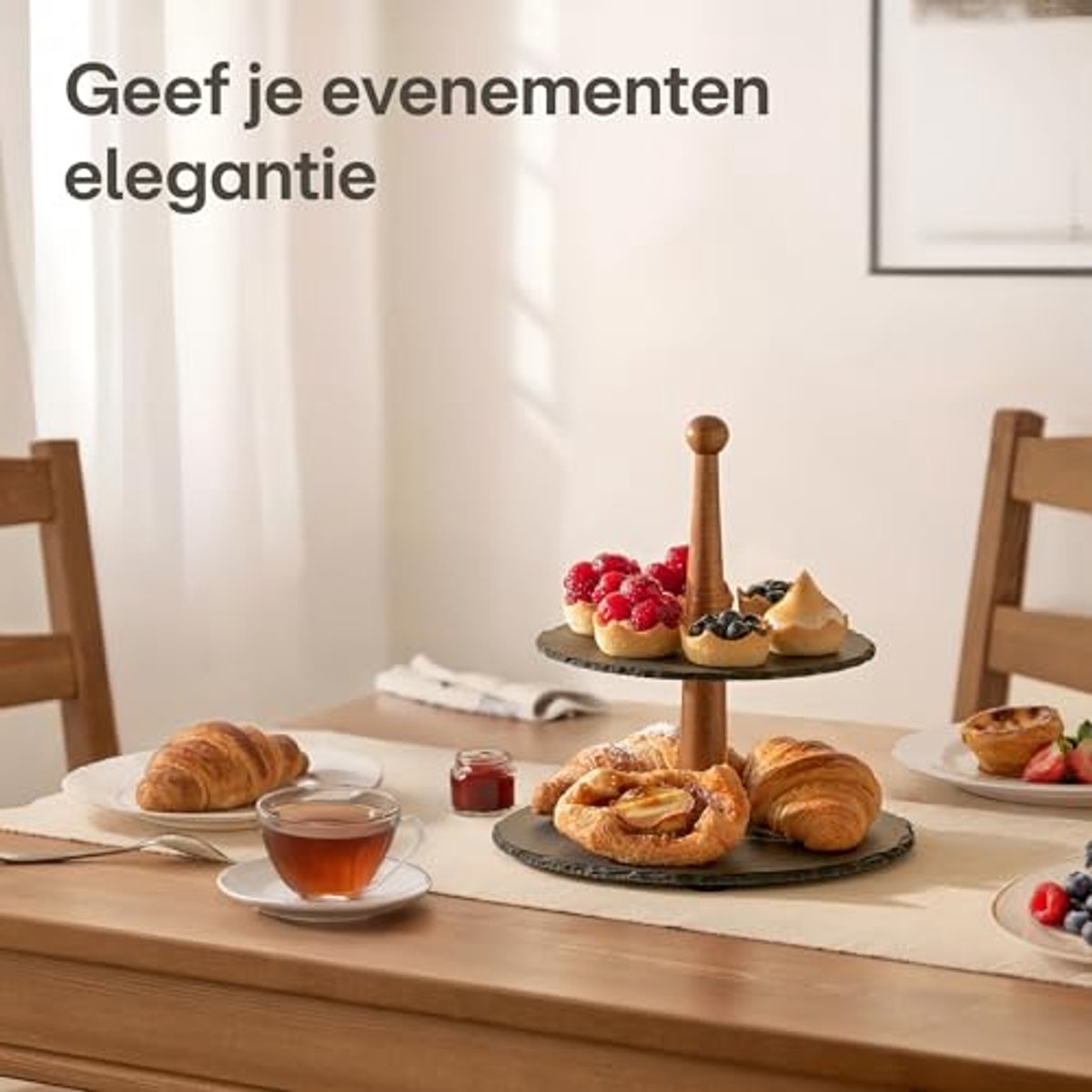 Elegante 2-laags serveerschaal van acaciahout voor desserts en fruit
