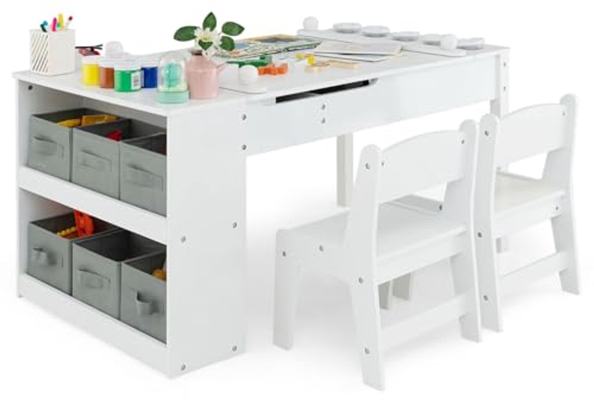 Image of 3-in-1 Kinderzitgroep met Tafel en Stoelen voor Kinderen - Ideaal voor Knutselen en Leren - Inclusief Opbergruimte en Papierrol - Geschikt Voor Kinderen Vanaf 3 Jaar