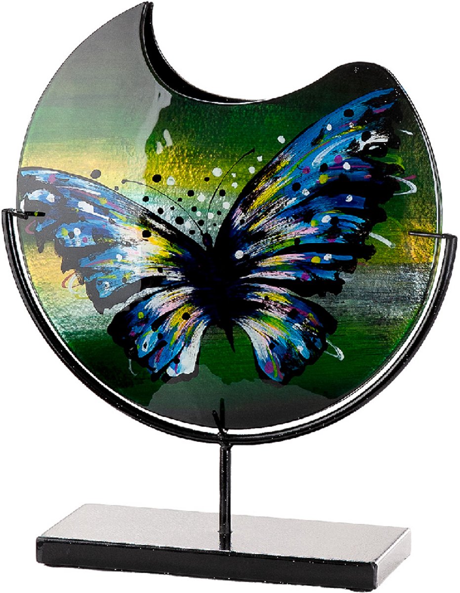 Decoratie vaas Vlinder - 9x33x39 cm - kleur groen blauw - glas en metaal - niet doorschijnend vaas in standaard
