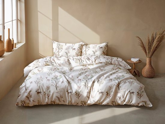 Housse de couette Zohome Hazel - Ivoire - 2 places - 100 % Katoen- Flanelle - Motif feuilles - 260 x 220 cm + 2 taies d'oreiller 60 x 70 cm