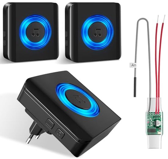 Set van twee zwarte deurbellen met blauwe LED-ring, een stekkerontvanger en een zender met antenne en draden.