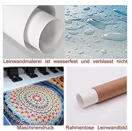 Detailafbeeldingen: canvasrol, waterdruppels op canvas, machineprint van mandala, opgerolde print.