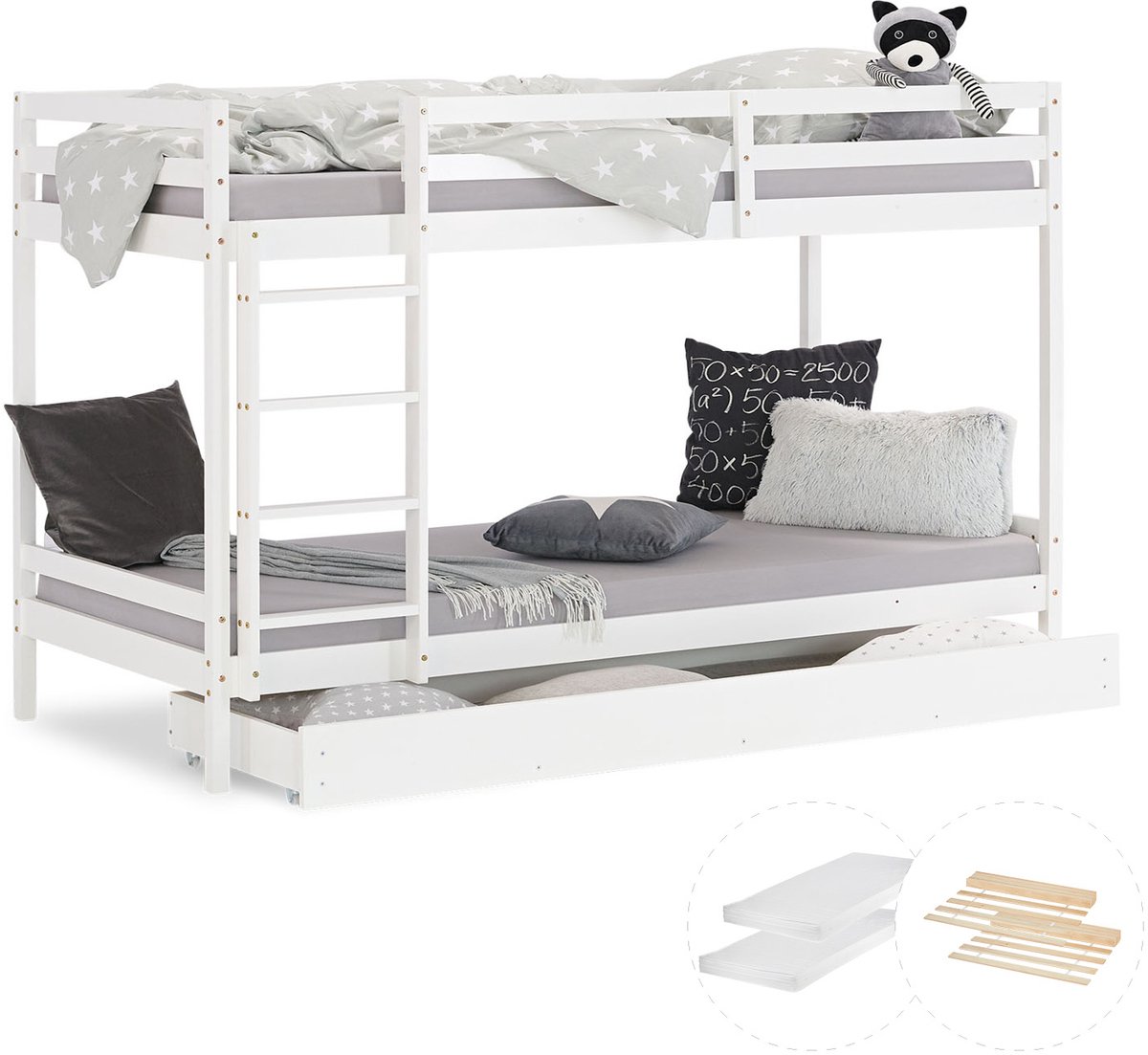 Homestyle4u kinderbed - 90x200 cm - kinderhoogslaper - Wit - met lattenbodem en matras