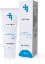 Witte tube met blauw logo en tekst 'KOELZALF droge of zeer droge huid bipharma 100 g'. Kartonnen doosje met zelfde tekst.