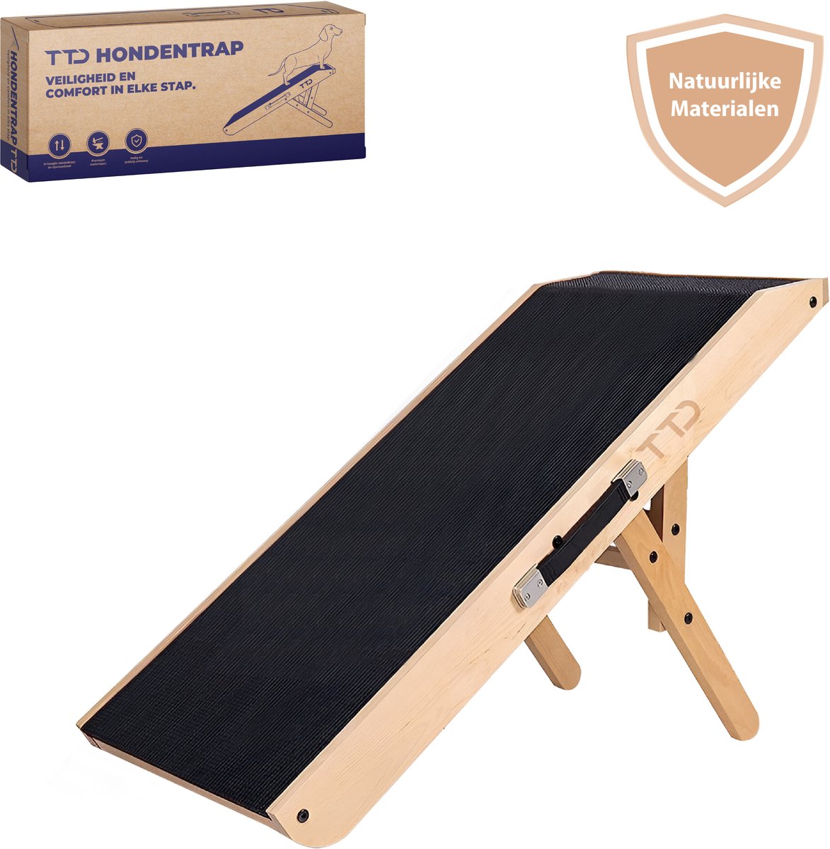 TTD® Premium houten Hondentrap - Hondenloopplank Opvouwbaar - Hondentrapje voor Honden - Voor Grote en Kleine Honden - Antislip - Met Landingsplatform - Instelbaar 18 tot 53 cm - Voor Bed en Bank - Berkenhout - Met Draaghandvat