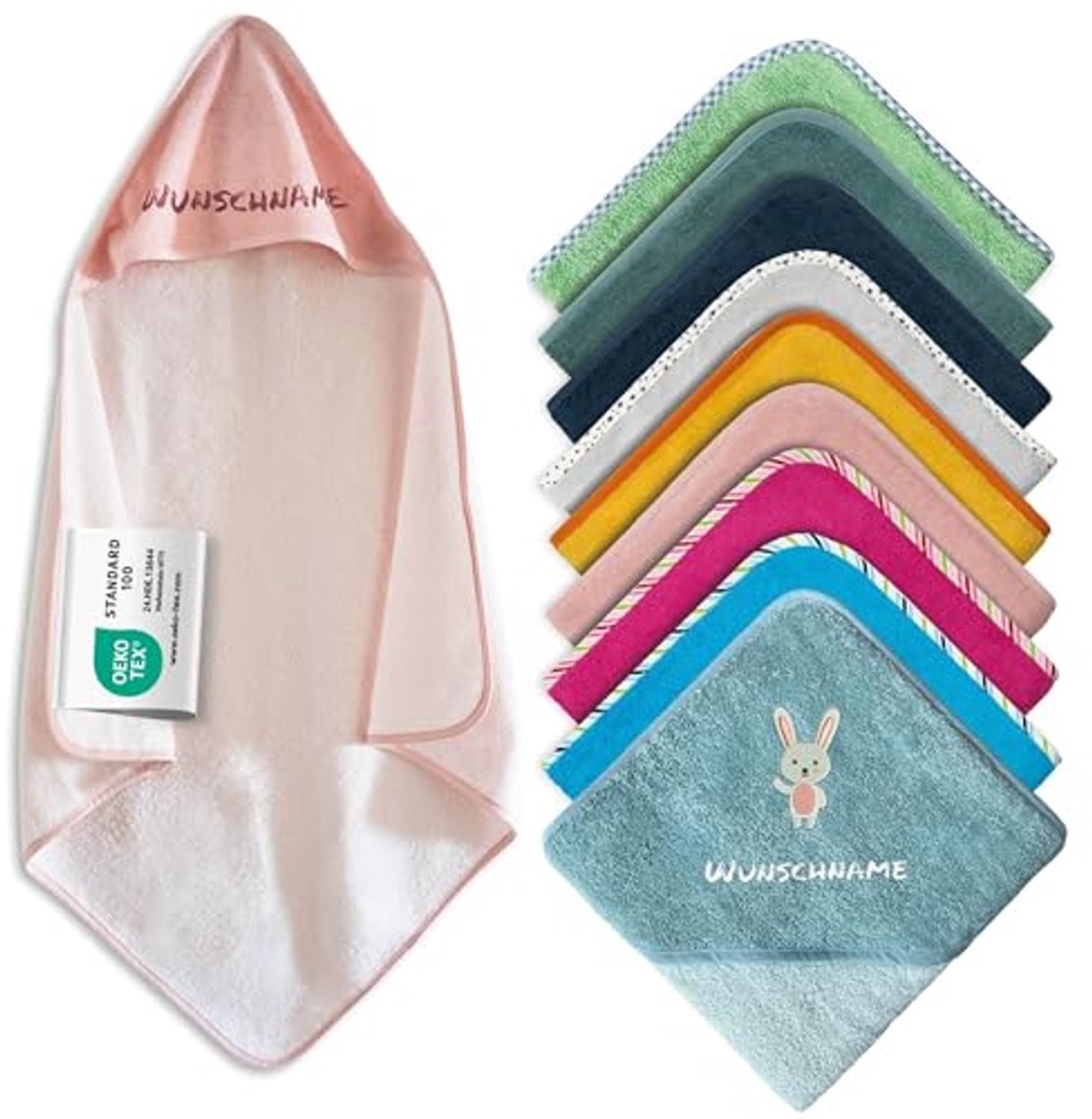 Gepersonaliseerde Babyhanddoek met Capuchon - Oeko-Tex® Standaard 100, Roze, 80 x 80 cm