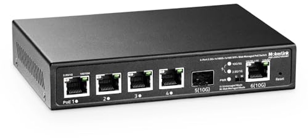 Managed Switch 4 poorten 2.5G PoE, 10G Ethernet en SFP+, Fanless Netwerk Switch