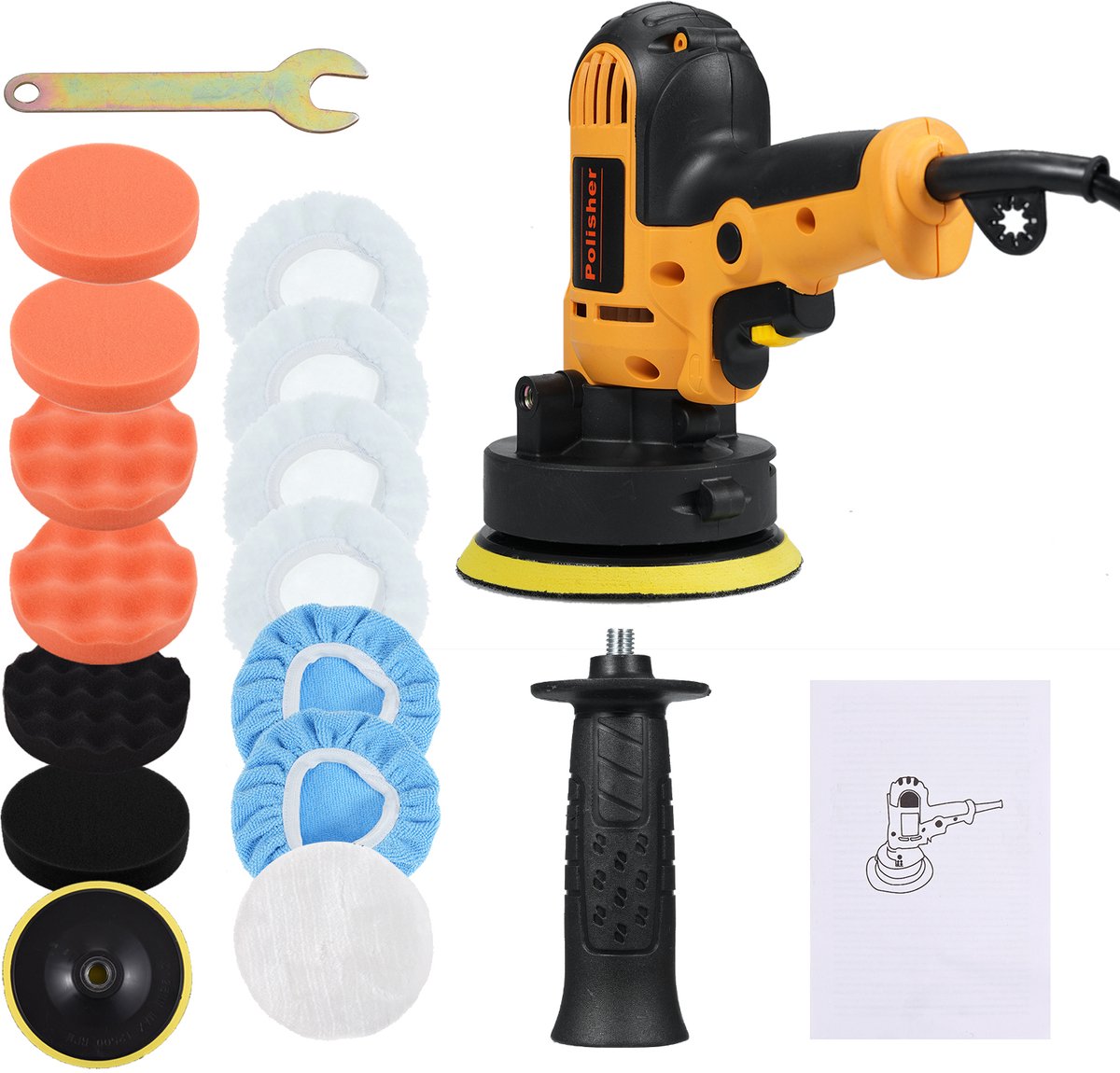 5-inch Elektrische Auto Polijstmachine-15-delige Set 700W-Variabele Snelheid Auto Wax Polijstmachine, met Hulp Handgreep Spons Wol Bonnet Pads - Geel