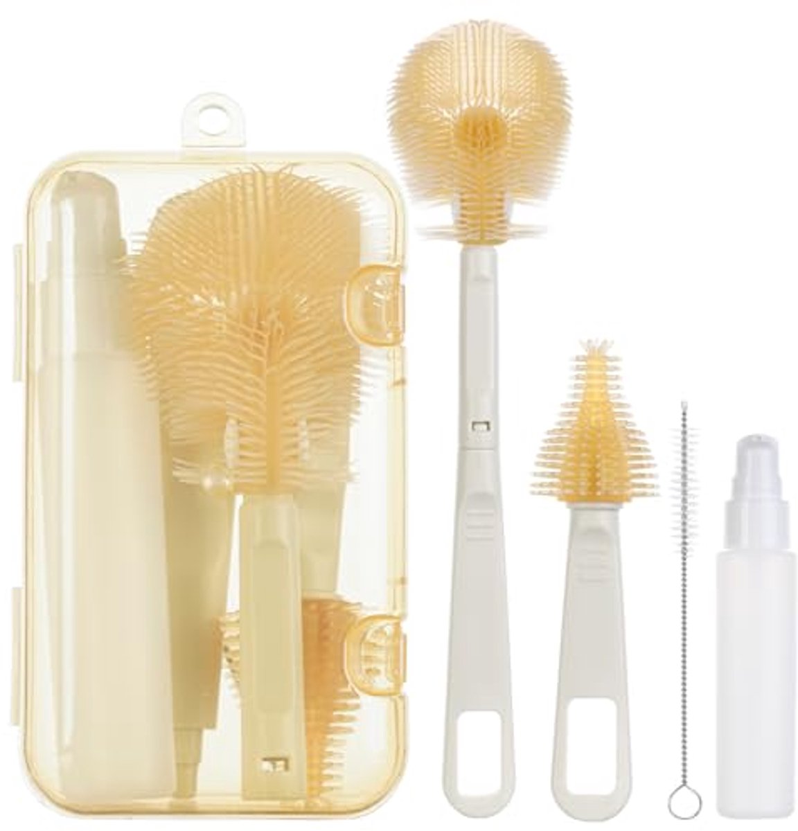 Image of 5-in-1 Babyflessenborstel Set - Draagbare Siliconen Borstel voor Flessen, Rietjes en Fopspeen