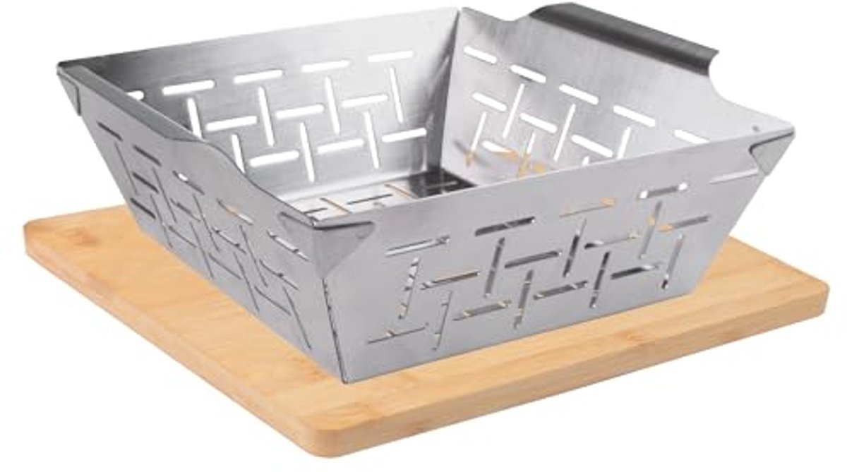 Edelstahl Grillkorb met 2-in-1 Bambusplank voor Perfecte Grillresultaten