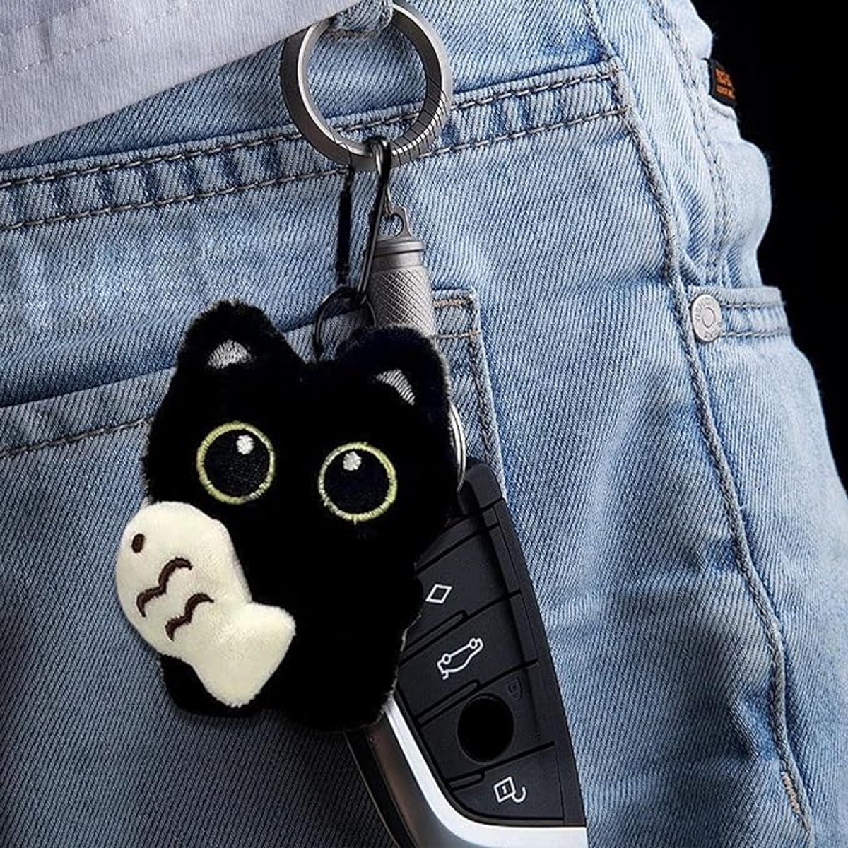Pendentif Et Porte-Clés Chat En Peluche Noir Mignon 12cm - Sac à Dos Et Accessoire Kawaii