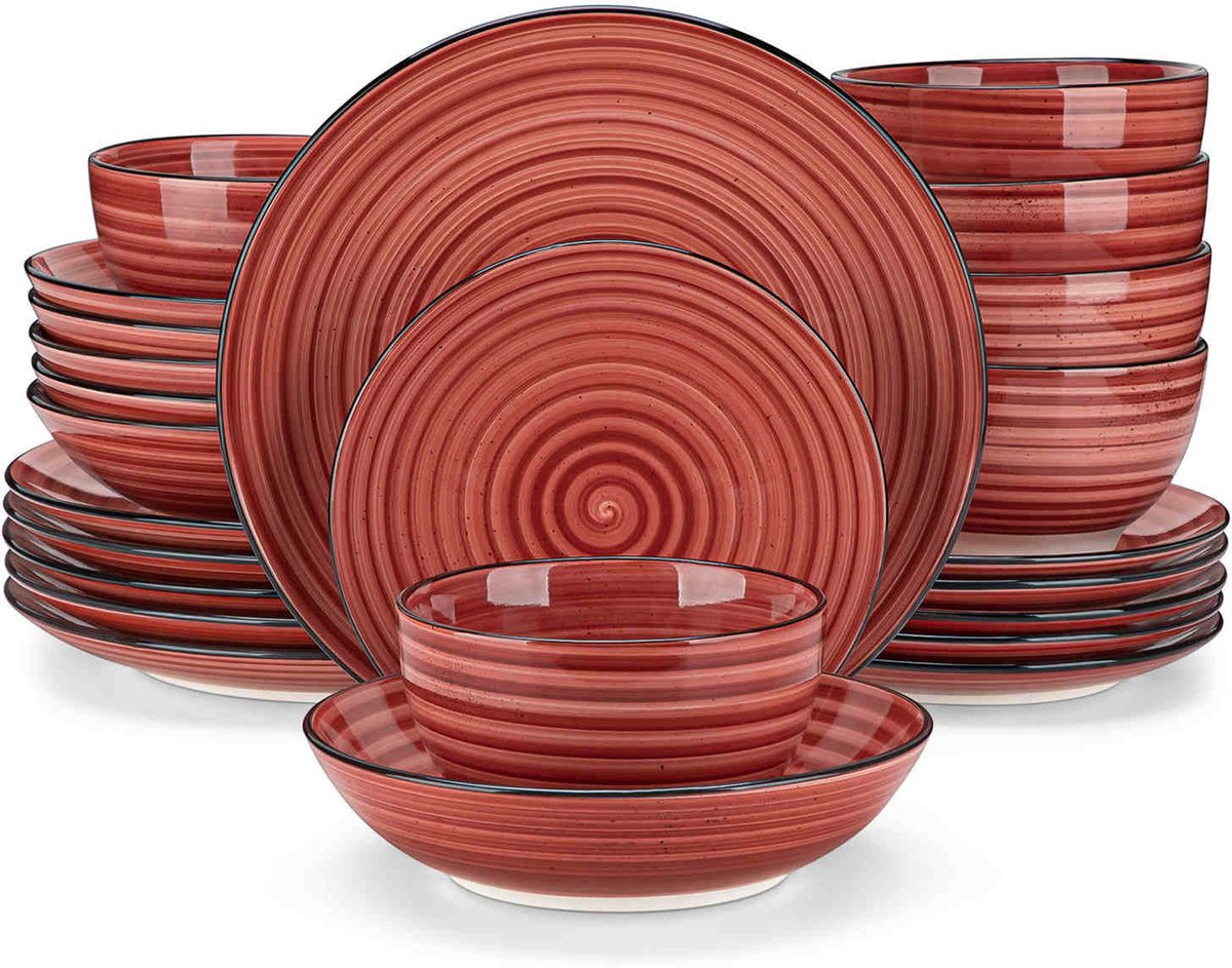 Luxe Serviesset – 24 delig – 6 persoons – Steengoed - Bordenset – Dinner platen – Dessertborden - Kommen - Pastabord - Rood