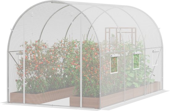Serre met tomatenplanten in houten bakken. De kas heeft een gebogen dak, houten bakken met tomatenplanten en ramen.