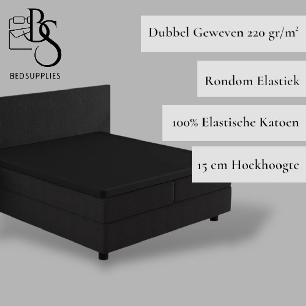 Bedsupplies - Luxe Dubbel Geweven Jersey Topper Hoeslaken - 160/180 x 200/220 - Zwart