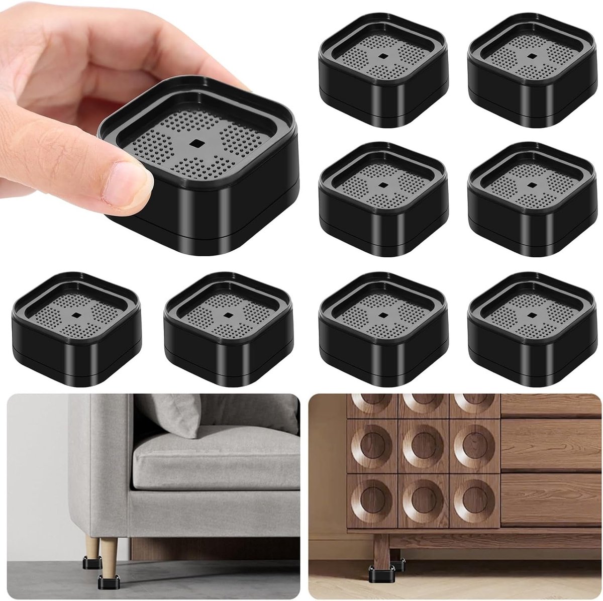 8 Stuks Verstelbare Meubelverhogers – Stapelbare Bedverhogers 3.5cm/6cm/8cm/10.5cm – Zware Bed- en Bankverhogers, Verstelbare Meubelpoot Verhoger voor Bed, Tafel, Stoel, Bank – Antislip en Schokdempend, Zwart