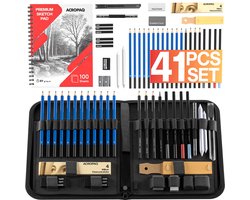 ACROPAQ Premium Schetspotloden Set – 41-delig Tekenpotloden Set, Hoogwaardige Grafietpotloden & Houtskoolpotloden, Nylon Etui, Schetsboek, Gummen,…