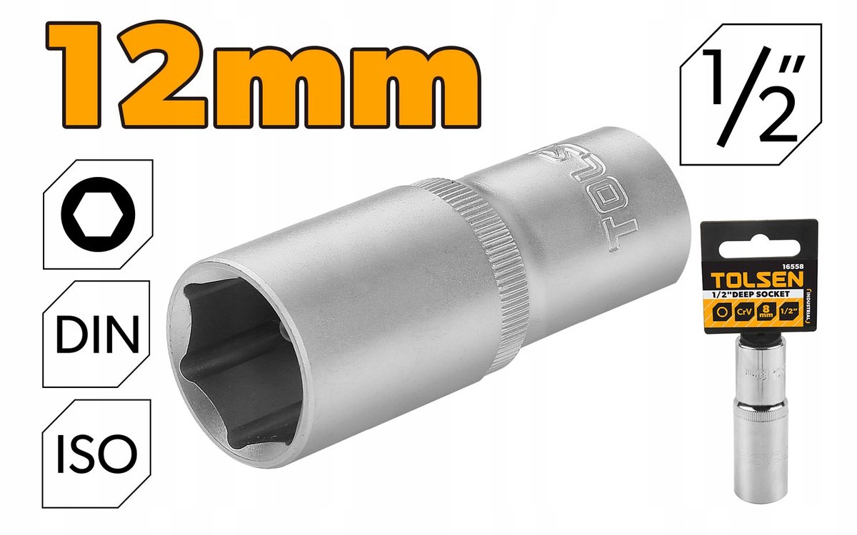 Tolsen Lange Dop 12 mm 6-kant 1/2" Cr-V-staal