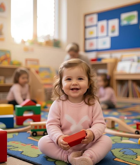 Een lachend baby meisje in een roze gebreide trui zit op een kleed in een kinderkamer met speelgoed.