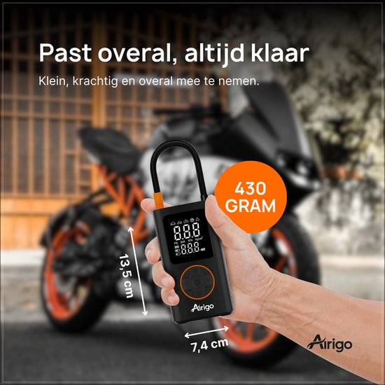 Airigo® Luchtcompressor - Elektrische Fietspomp - Bandenpomp - Compact & Draadloos - Auto-stop & 5 Presets - Helder Display - USB-C Opladen - Powerbankfunctie - LED-Licht - Harde Beschermhoes - Precies Oppompen - voor Auto/Fiets/Motor/Ballen van Airigo — afbeelding 4
