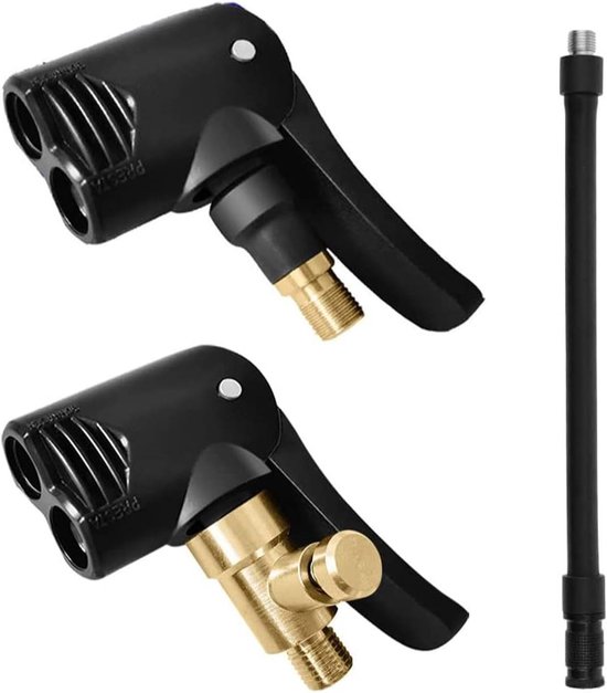 Deux pinces 2-en-1 noires avec valve en laiton et un tuyau d'air noir.