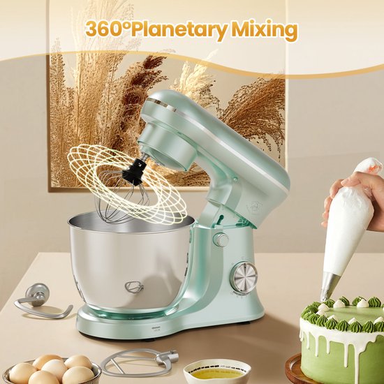 Royal Swiss Keukenmixer 5L Mintgroen - 10 Snelheden + Pulse - 1500W - Planetaire Mengfunctie - Inclusief Deeghaak, Menghaak & Garde - RVS Mengkom van Royal Swiss — afbeelding 4