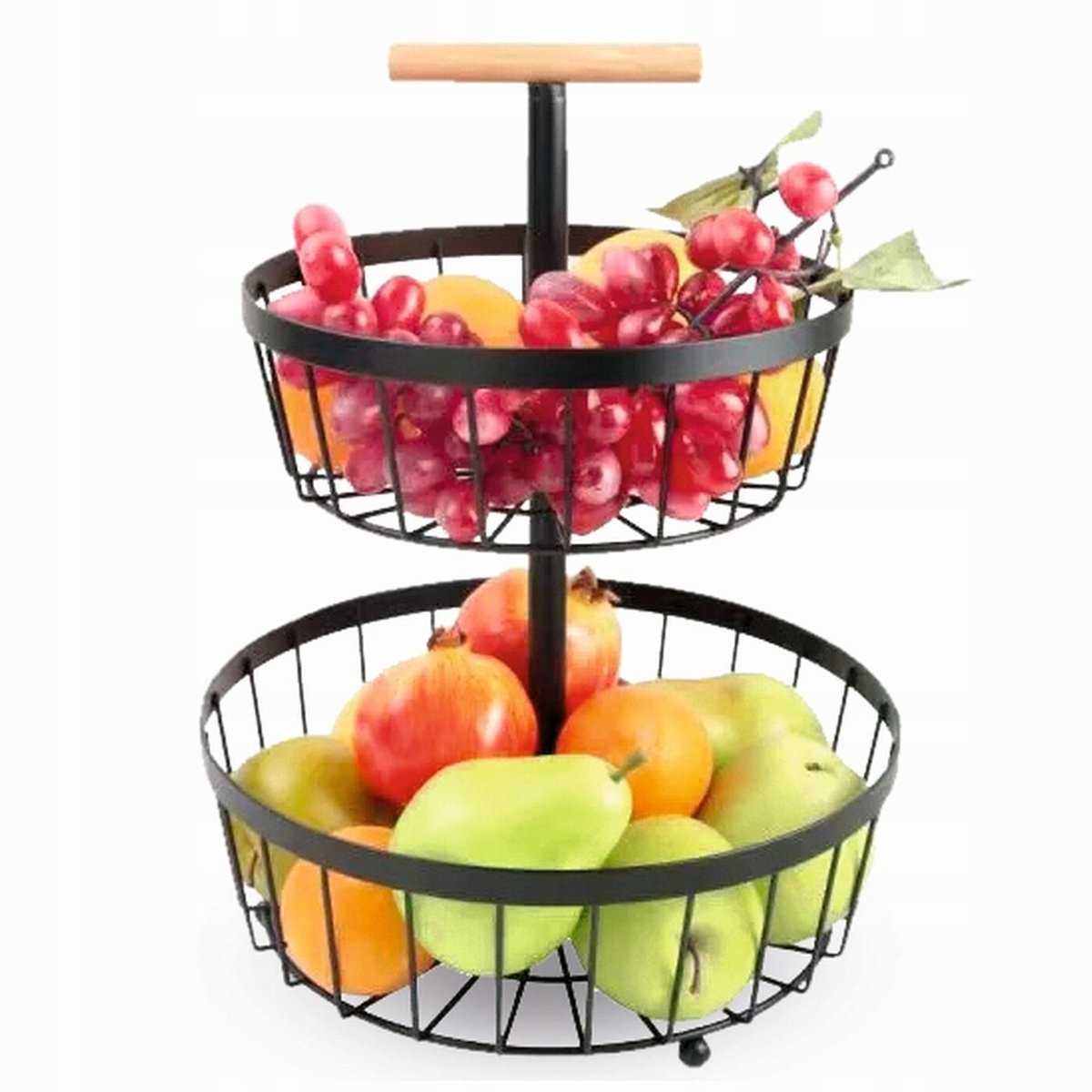 Zwarte 2-laags Ronde Fruitmand van Metaal met Houten Handvat