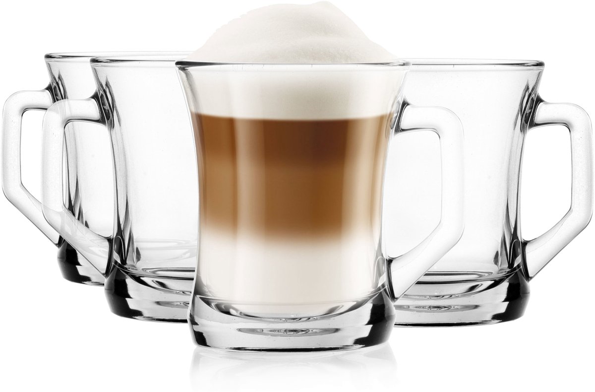 Glasmark Glazen Mokken Set van 4, 180ml, met Oor, Koffie & Thee