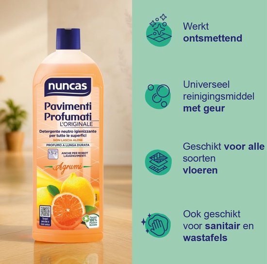 Oranje Nuncas vloeistof met citroen en sinaasappelafbeelding. Werkt ontmettende en universeel.
