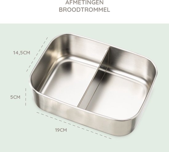 Roestvrijstalen broodtrommel met twee vakken, afmetingen 19cm x 14,5cm x 5cm.