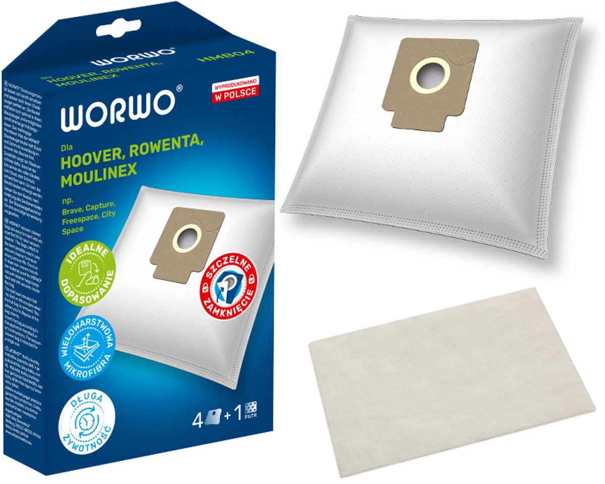 4x Stofzuigerzakken Worwo HMB04K voor Hoover Brave BV30/BV71