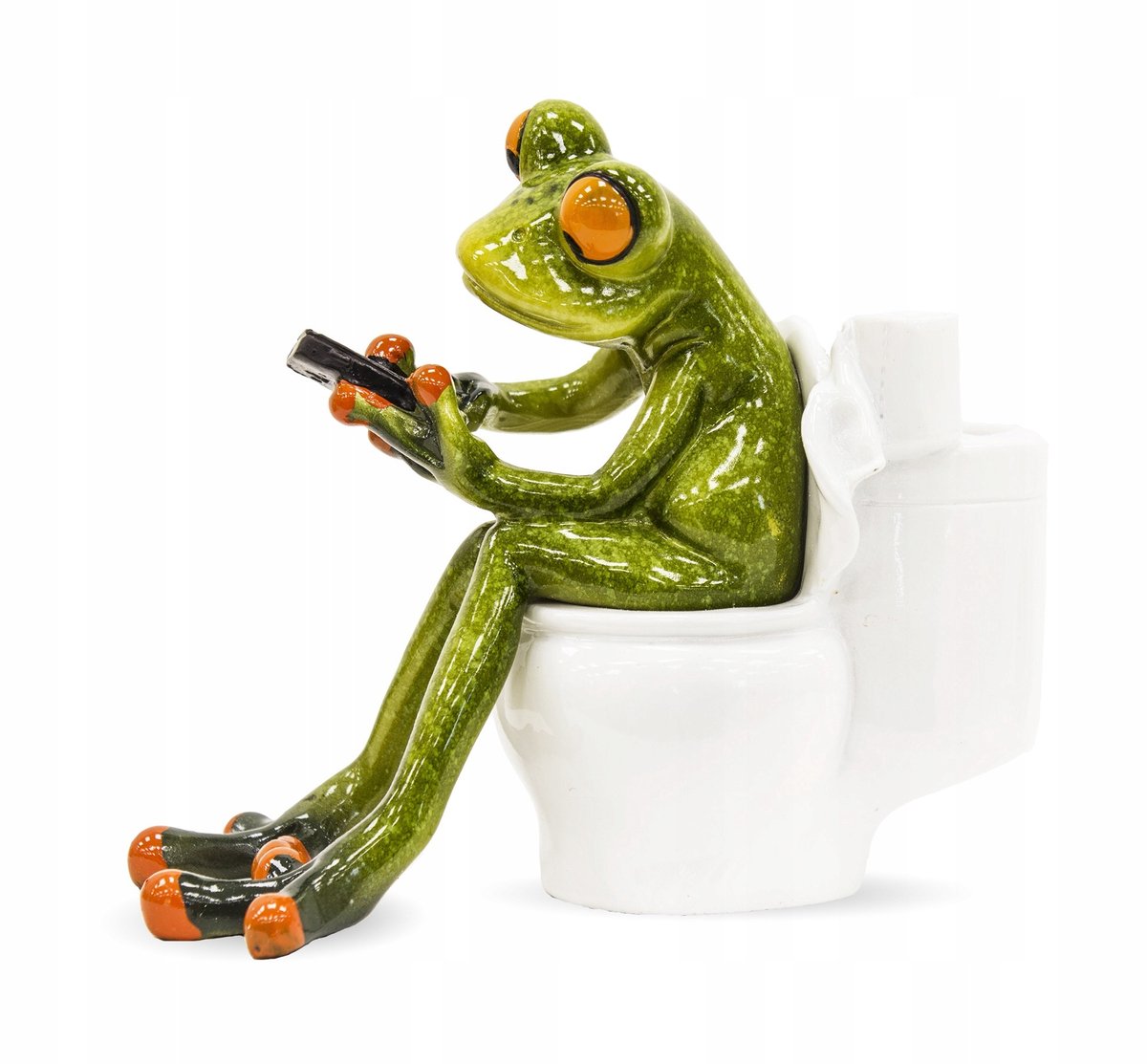 Grappig Kikkerfiguur op Toilet met Telefoon - Decoratie