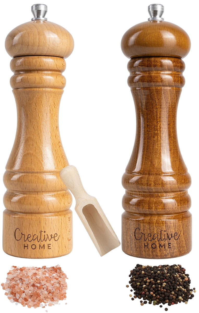 Creative Home Grote Houten Peper en Zoutmolen | Set van 2 met Mini Houten Lepel | 18 x 5 cm | Beukenhout | Handmatig